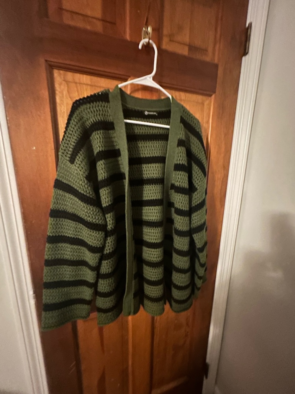 Olive Green & Black Striped Crochet Cardigan